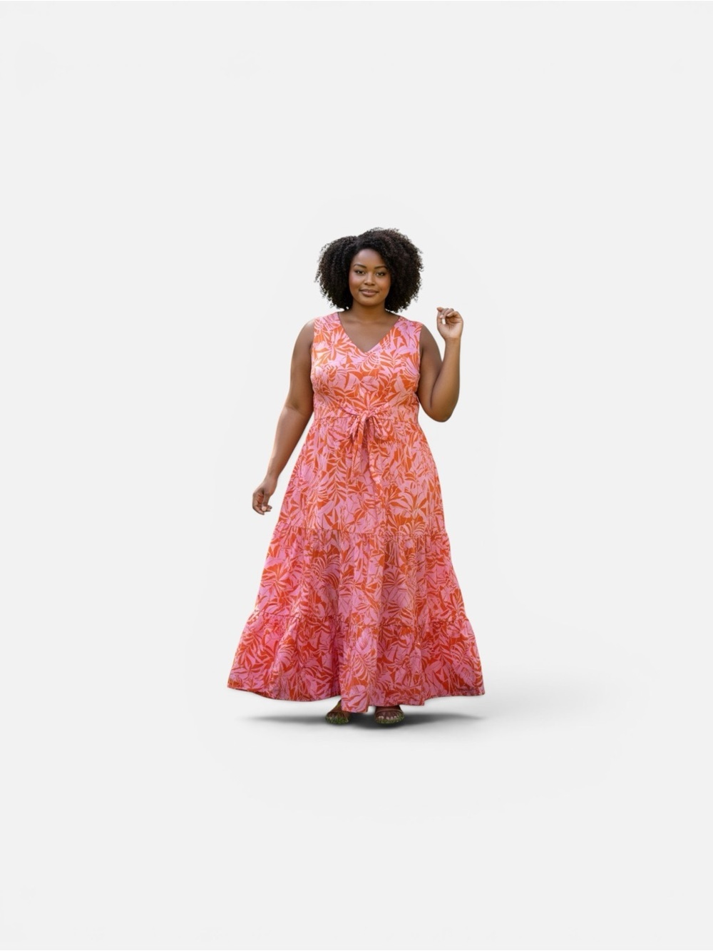 Sleeveless Pink and Orange Printed Tiered Maxi Dress